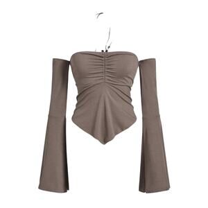 Romwe Solid Ruched Halter Neck Trumpet Sleeve Bandana Hem Top Womens MD Y2K Boho